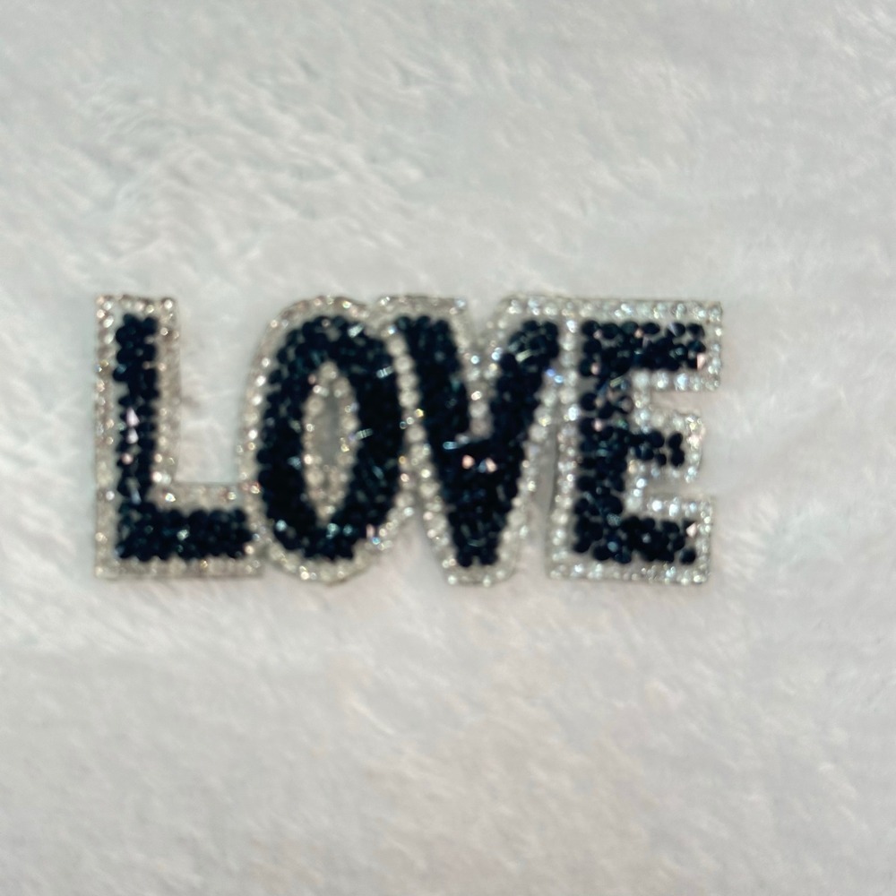 Rhinestone LOVE Patch OS Black Clear Crystal Iron On Applique DIY